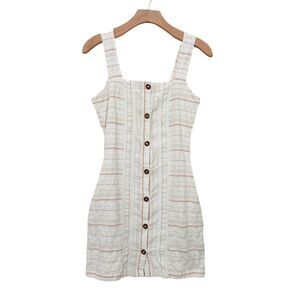 Roxy Mini Dress Womens Small Beige Button Up Woven Striped Summer Outdoor